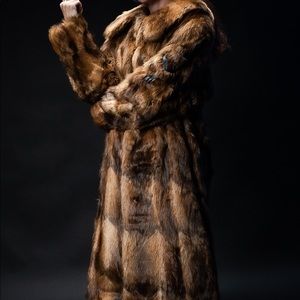 Real Custom Mink Fur Light Brown Coat with Leather Patchwork